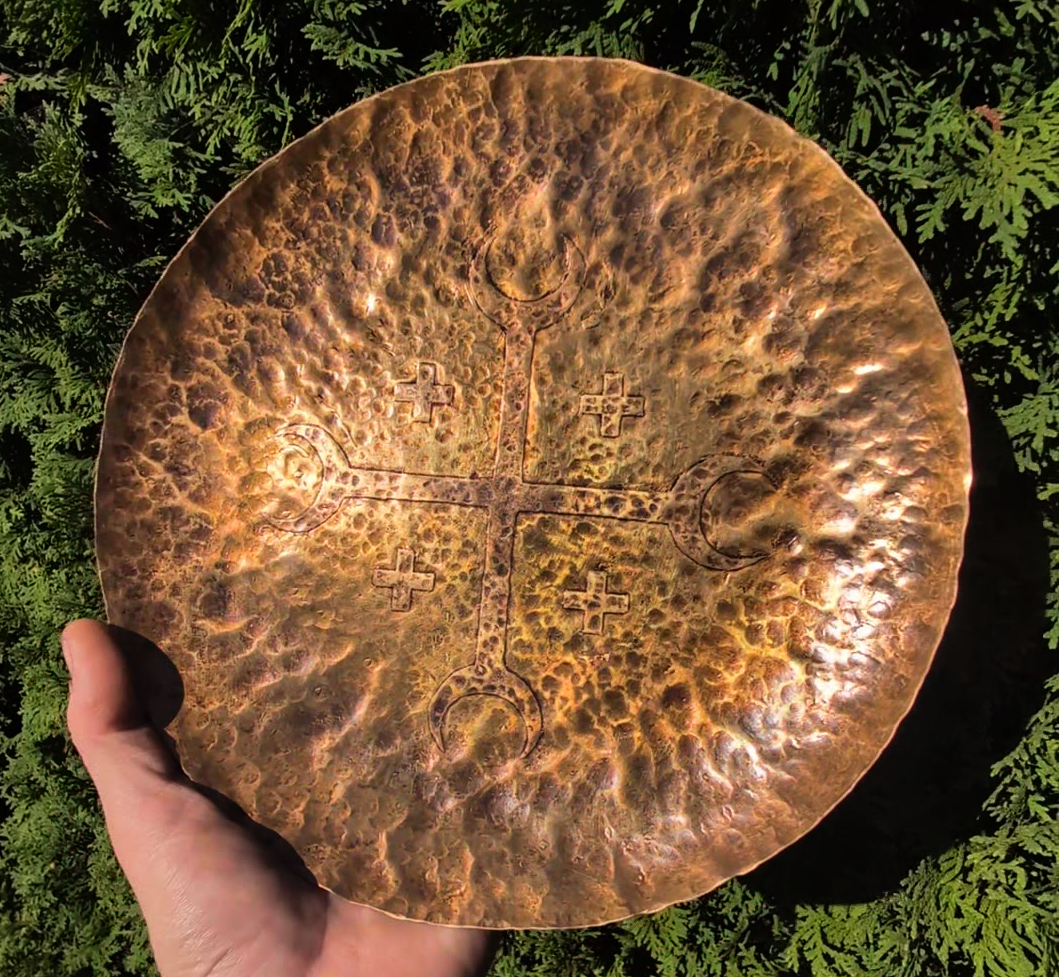 Hand-hammered copper commission plate etched with a crossroads sigil by BorboroForge