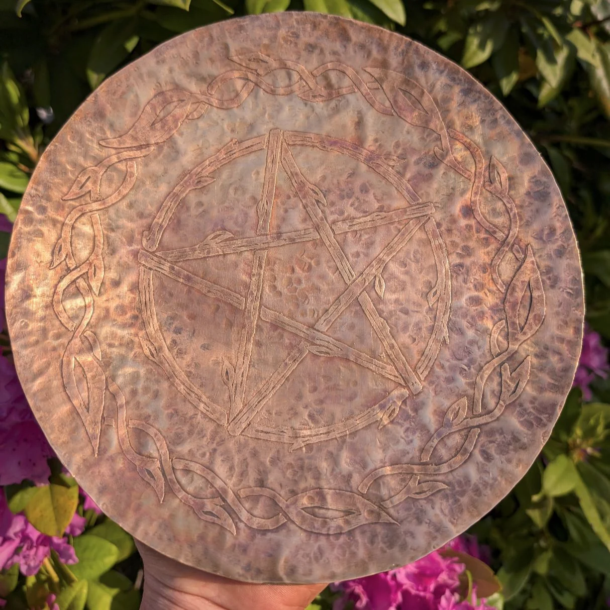 Ten-inch hand-hammered bronze pentacle offering plate - ritual altar dish by BorboroForge