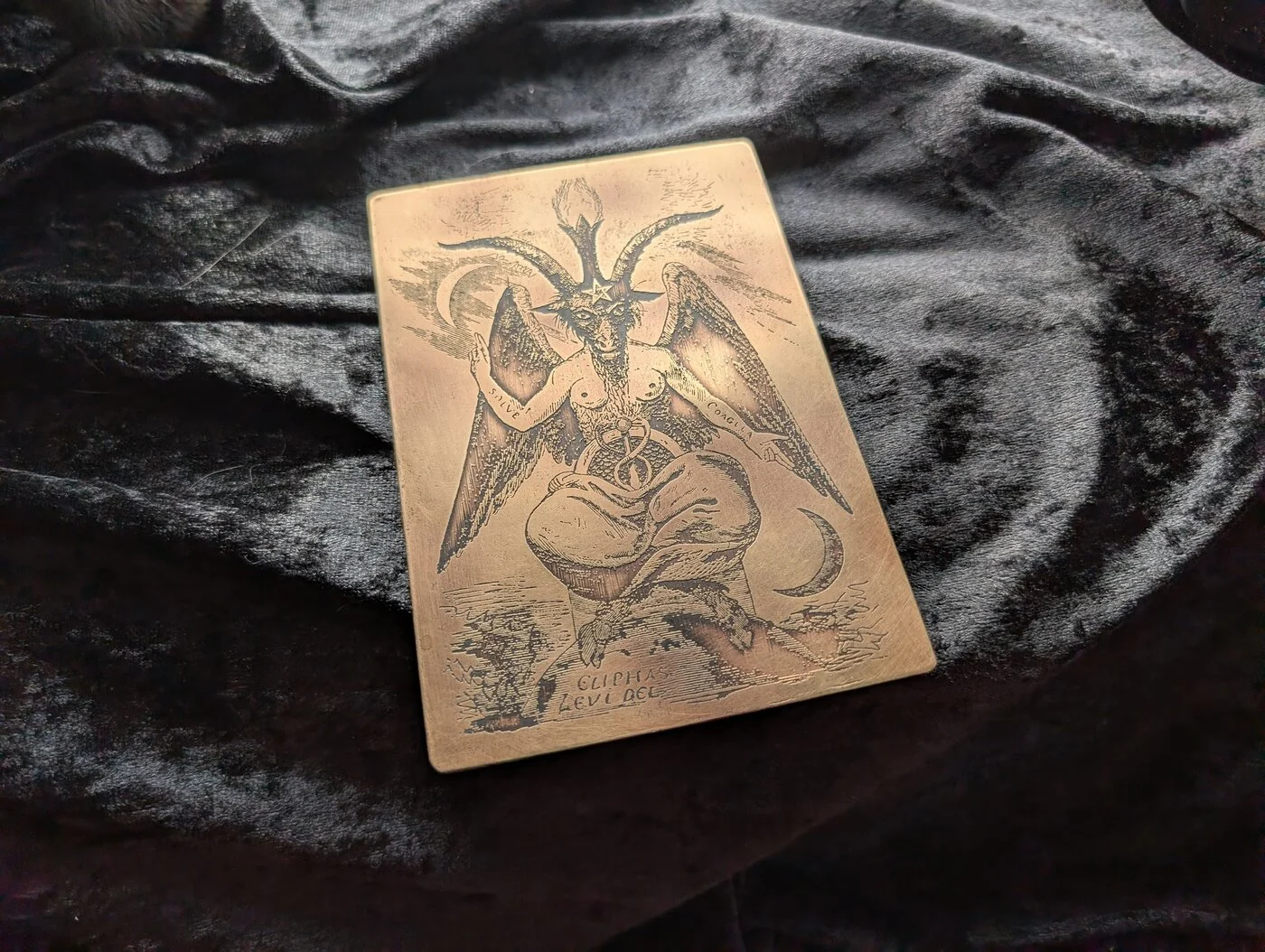 Hand-etched Baphomet on reclaimed metal plate by BorboroForge