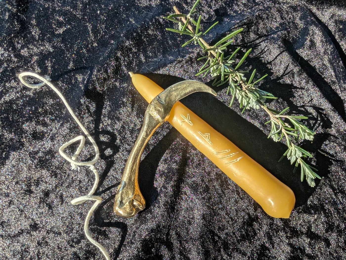 Bronze bone candle scribe with beeswax candle and rosemary by BorboroForge