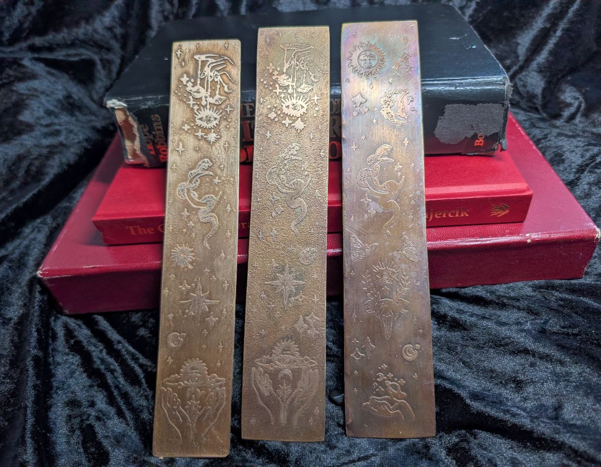 Bronze etched bookmarks with occult celestial designs - handmade metal bookmarks by BorboroForge