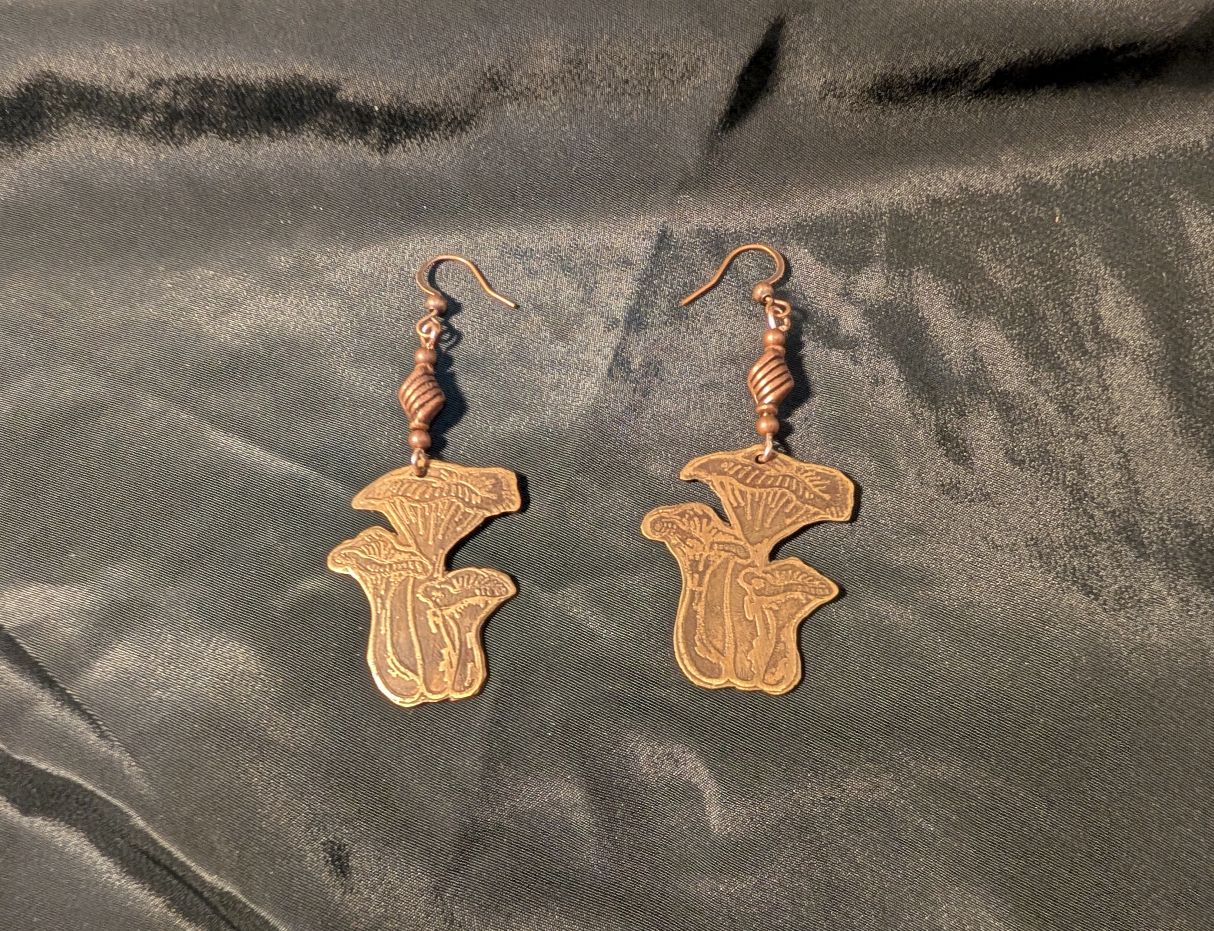 Bronze mushroom earrings - etched fungal jewelry by BorboroForge