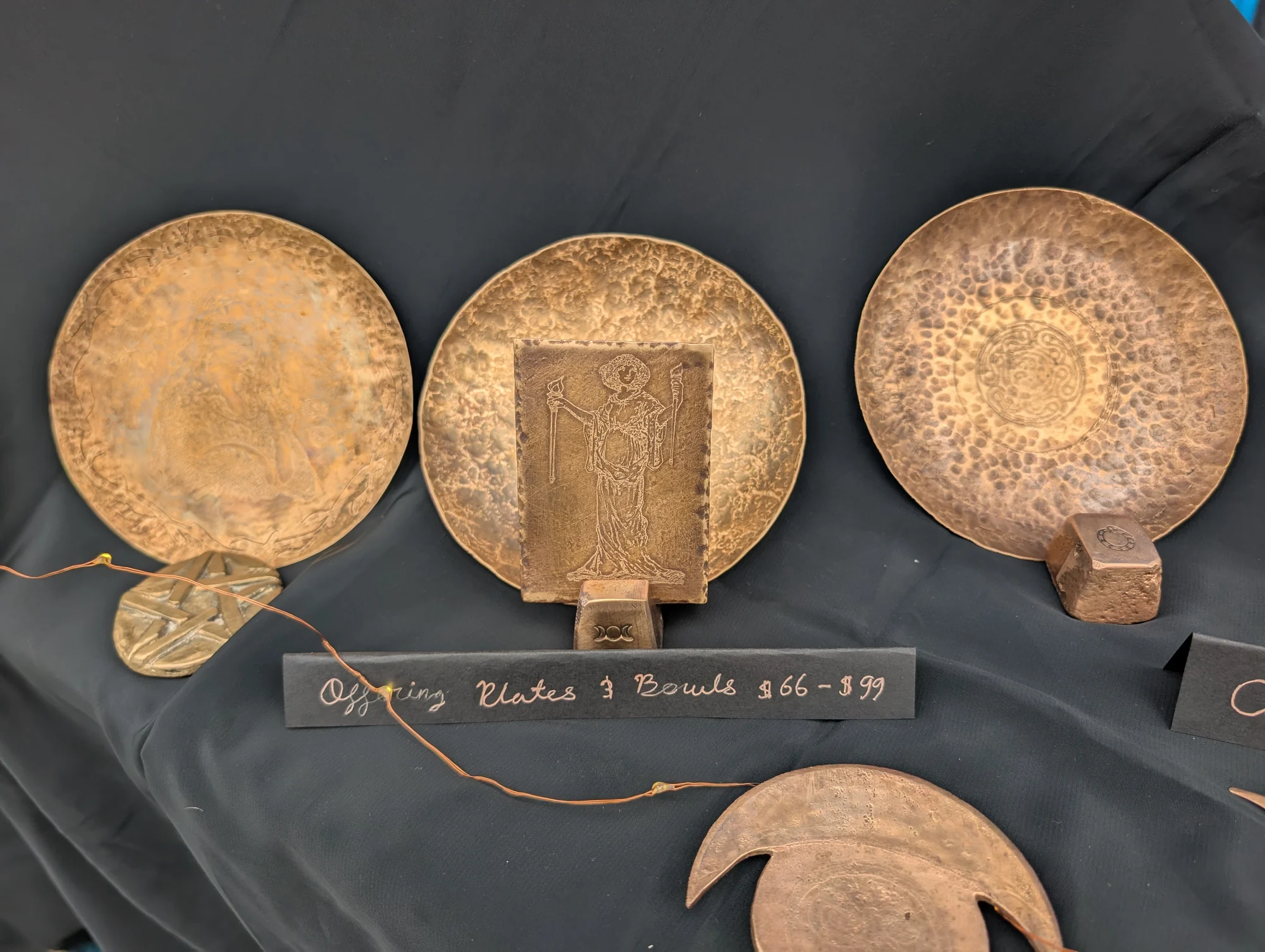 Bronze offering bowls and plates - etched and hammered ritual tools by BorboroForge