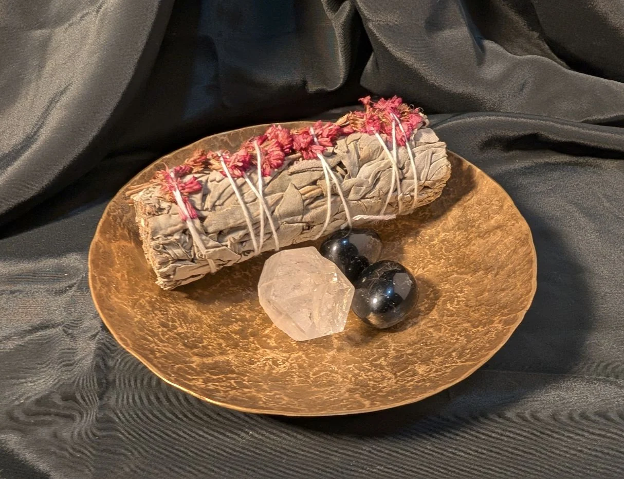 Bronze sage and stone offering dish - hammered ritual plate by BorboroForge