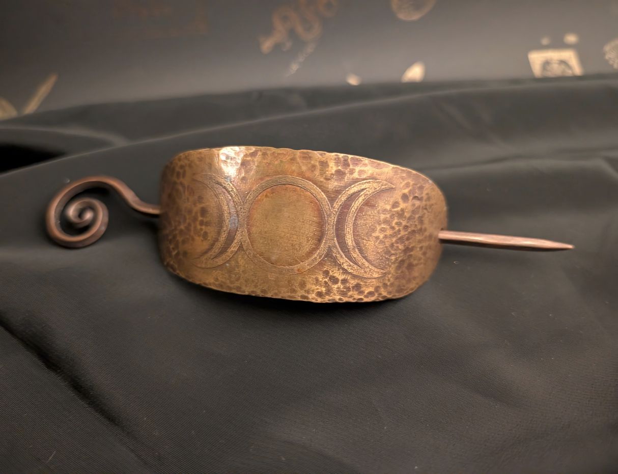 Copper triple moon hair pin - hammered metal lunar phase jewelry by BorboroForge